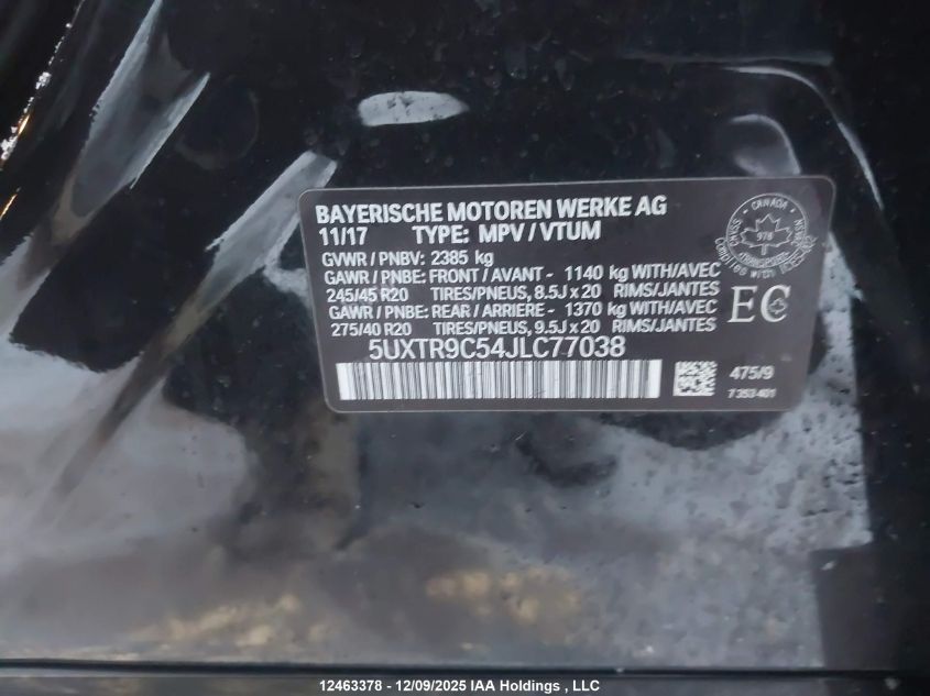 2018 BMW X3 xDrivem40I VIN: 5UXTR9C54JLC77038 Lot: 12463378