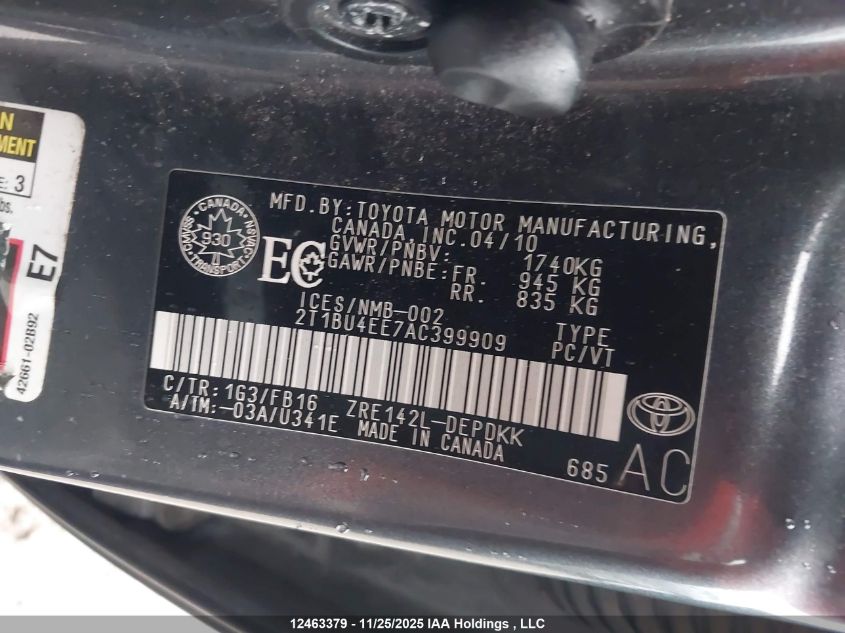 2010 Toyota Corolla Ce VIN: 2T1BU4EE7AC399909 Lot: 12463379