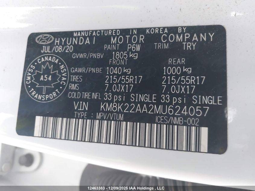 2021 Hyundai Kona Sel VIN: KM8K22AA2MU624057 Lot: 12463383