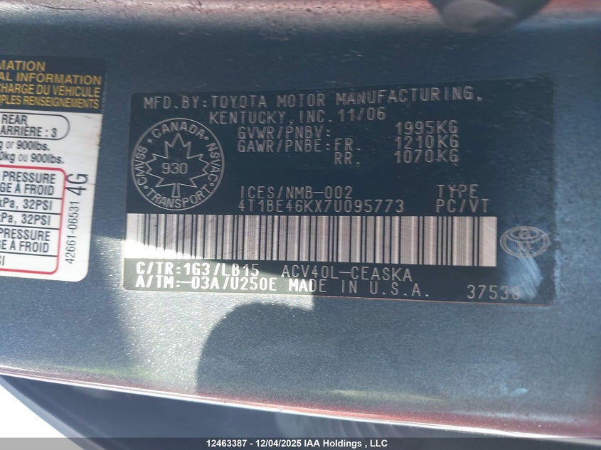 4T1BE46KX7U095773 2007 TOYOTA CAMRY photo no. 9