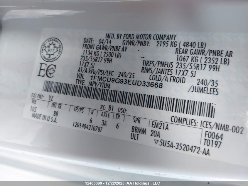 2014 Ford Escape Se VIN: 1FMCU9G93EUD33668 Lot: 12463390