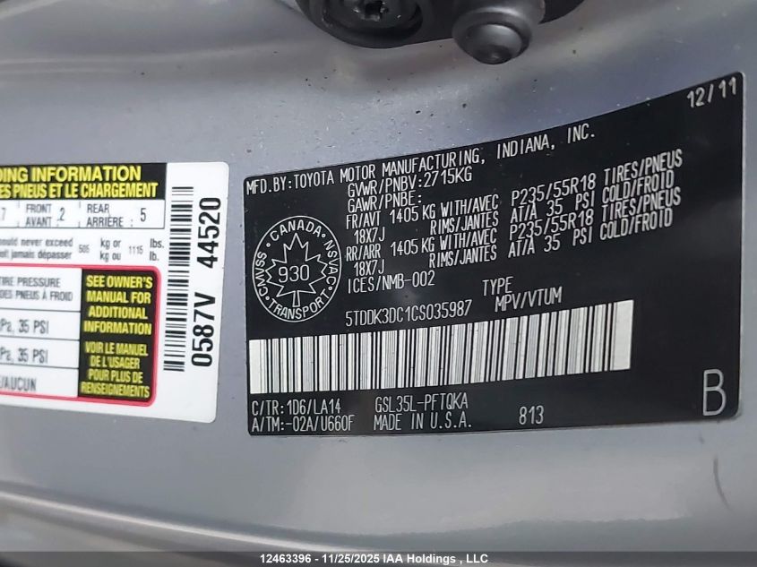 2012 Toyota Sienna Xle 7 Passenger VIN: 5TDDK3DC1CS035987 Lot: 12463396