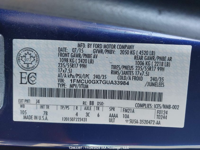 2016 Ford Escape Se VIN: 1FMCU0GX7GUA33984 Lot: 12463397