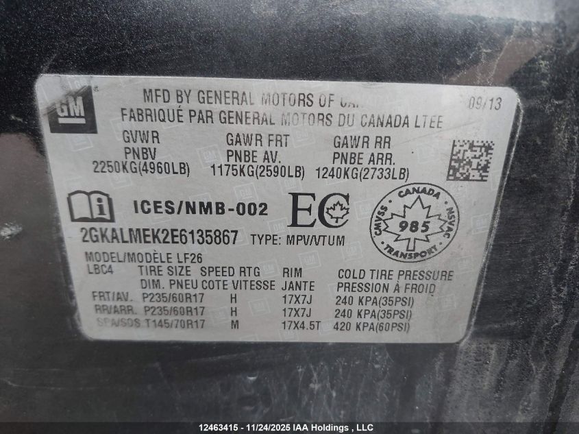 2014 GMC Terrain Sle VIN: 2GKALMEK2E6135867 Lot: 12463415