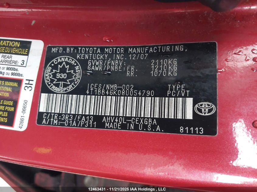 2008 Toyota Camry Hybrid VIN: 4T1BB46K08U054790 Lot: 12463431