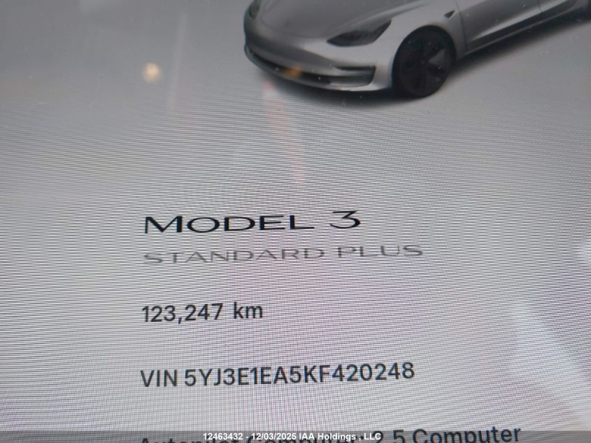 2019 Tesla Model 3 Long Range/Mid Range/Standard Range/Standard Range Plus VIN: 5YJ3E1EA5KF420248 Lot: 12463432