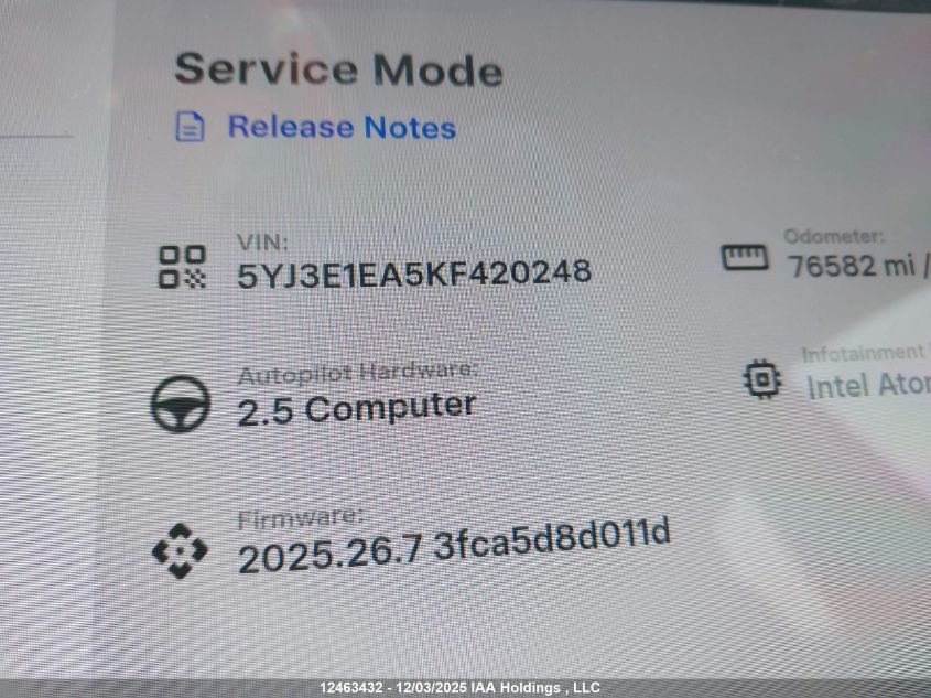 2019 Tesla Model 3 Long Range/Mid Range/Standard Range/Standard Range Plus VIN: 5YJ3E1EA5KF420248 Lot: 12463432