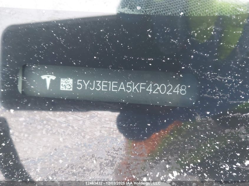 2019 Tesla Model 3 Long Range/Mid Range/Standard Range/Standard Range Plus VIN: 5YJ3E1EA5KF420248 Lot: 12463432