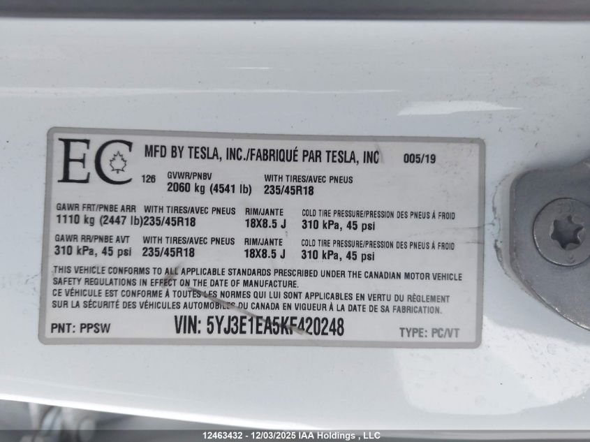 2019 Tesla Model 3 Long Range/Mid Range/Standard Range/Standard Range Plus VIN: 5YJ3E1EA5KF420248 Lot: 12463432