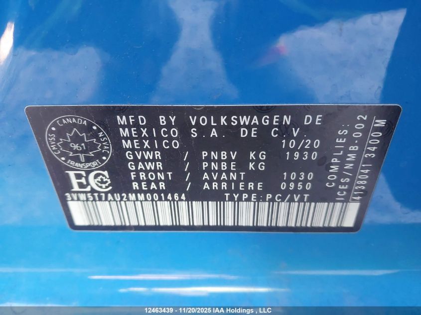 2021 Volkswagen Golf Gti Autobahn VIN: 3VW5T7AU2MM001464 Lot: 12463439