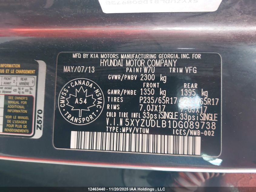 2013 Hyundai Santa Fe Sport 2.4 Premium VIN: 5XYZUDLB1DG089738 Lot: 12463440