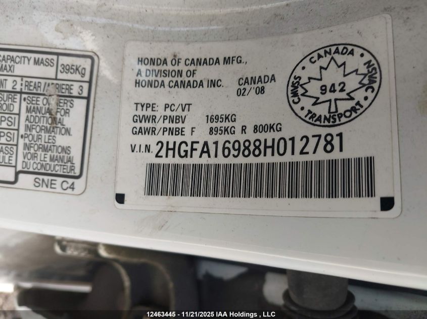 2008 Honda Civic Ex-L VIN: 2HGFA16988H012781 Lot: 12463445