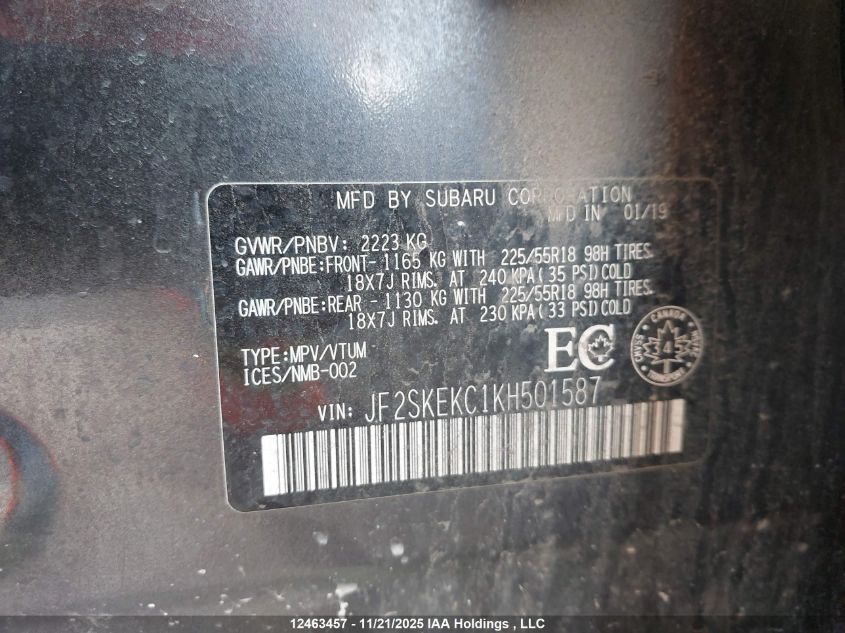 2019 Subaru Forester 2.5I Sport VIN: JF2SKEKC1KH501587 Lot: 12463457