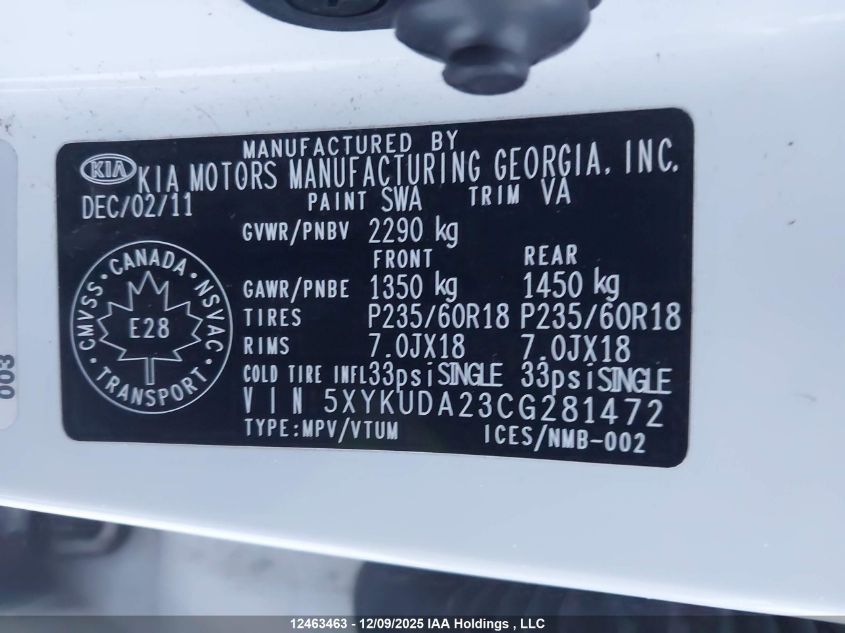 2012 Kia Sorento Ex VIN: 5XYKUDA23CG281472 Lot: 12463463