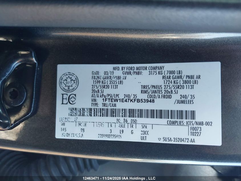 2019 Ford F-150 Platinum VIN: 1FTEW1E47KFB53948 Lot: 12463471