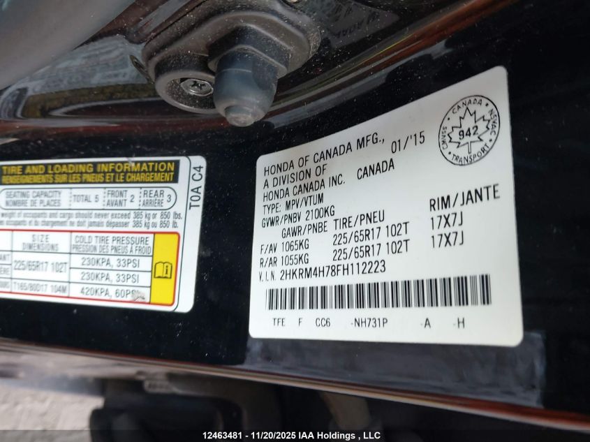 2015 Honda Cr-V Ex-L VIN: 2HKRM4H78FH112223 Lot: 12463481