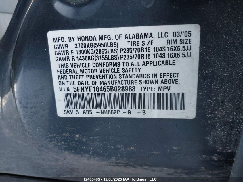 2005 Honda Pilot Ex VIN: 5FNYF18465B028988 Lot: 12463485