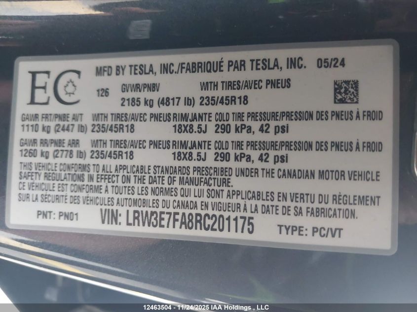 2024 Tesla Model 3 VIN: LRW3E7FA8RC201175 Lot: 12463504