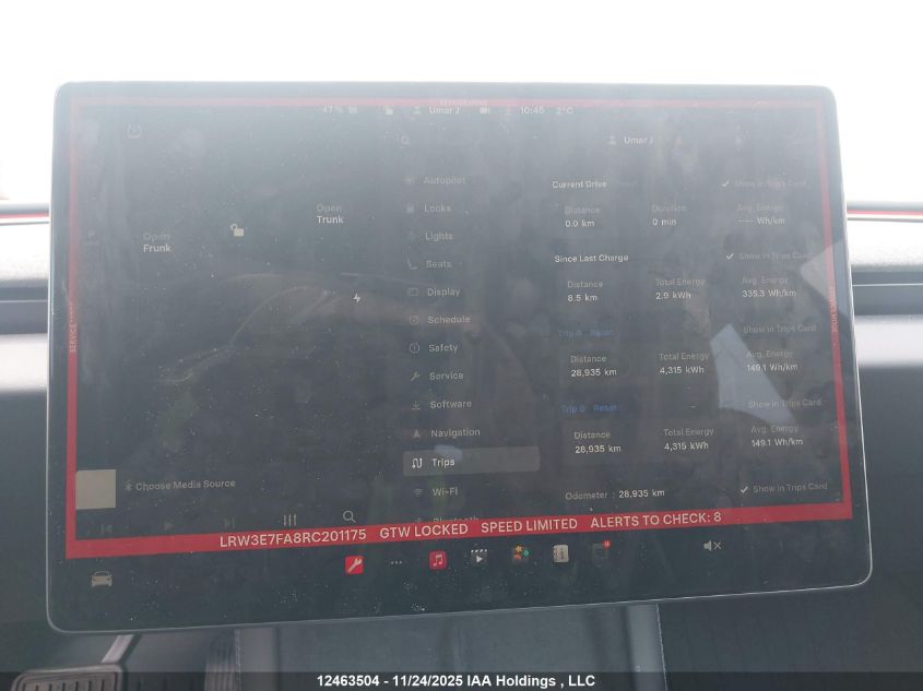 2024 Tesla Model 3 VIN: LRW3E7FA8RC201175 Lot: 12463504