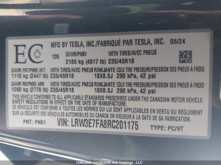 2024 Tesla Model 3 VIN: LRW3E7FA8RC201175 Lot: 12463504
