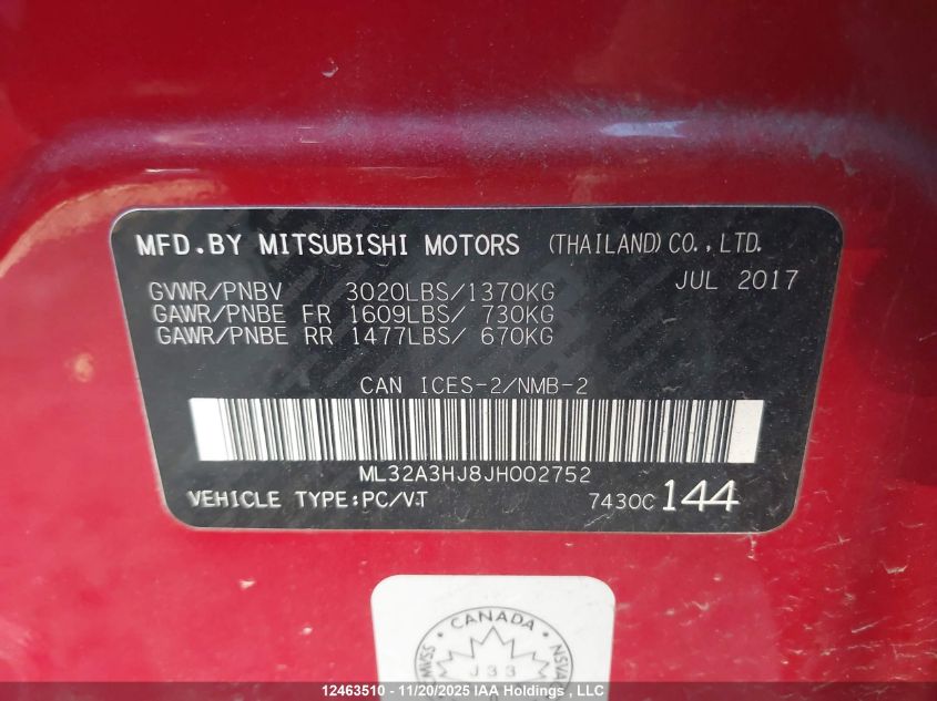 2018 Mitsubishi Mirage Es VIN: ML32A3HJ8JH002752 Lot: 12463510