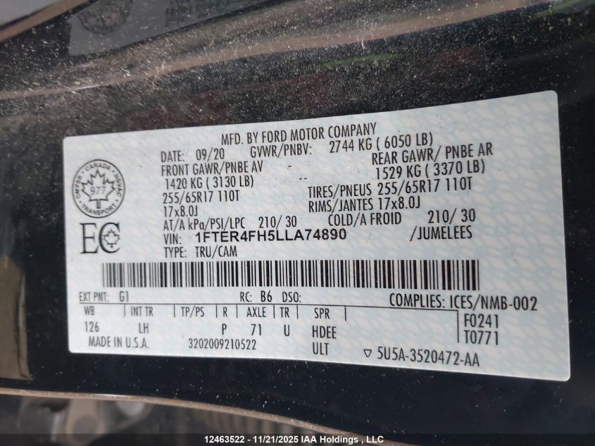 2020 Ford Ranger Xlt VIN: 1FTER4FH5LLA74890 Lot: 12463522