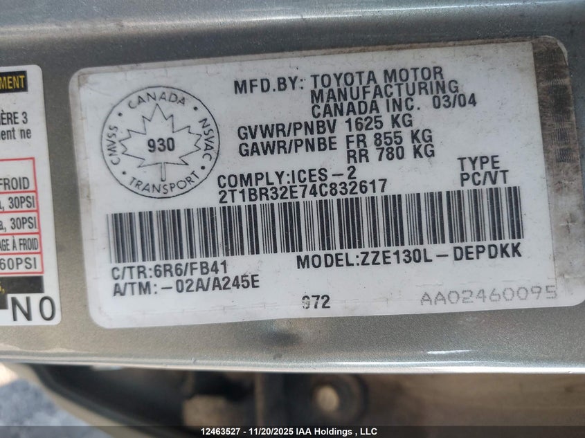 2004 Toyota Corolla Ce/Le/Sport VIN: 2T1BR32E74C832617 Lot: 12463527