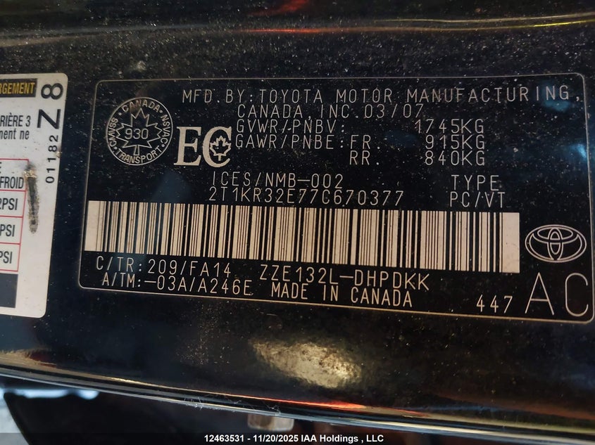 2007 Toyota Corolla Matrix Xr VIN: 2T1KR32E77C670377 Lot: 12463531