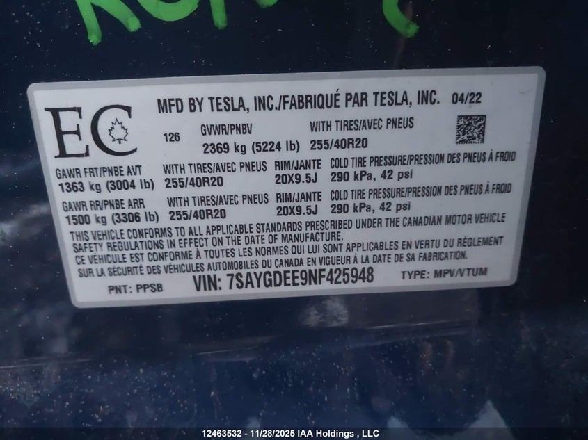 7SAYGDEE9NF425948 2022 TESLA MODEL Y photo no. 9