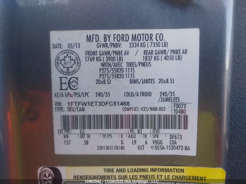 2013 Ford F150 Supercrew VIN: 1FTFW1ET3DFC51468 Lot: 12463542