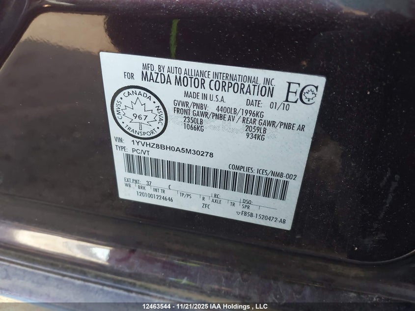 1YVHZ8BH0A5M30278 2010 MAZDA 6 photo no. 9