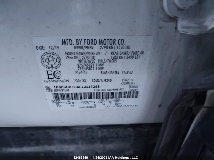1FM5K8GC4LGB37268 2020 FORD EXPLORER photo no. 9
