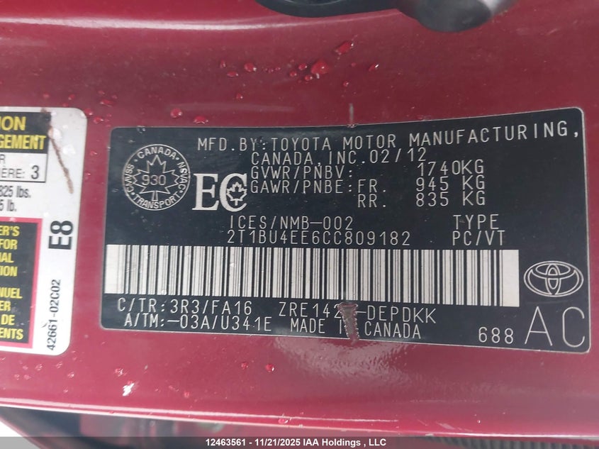 2T1BU4EE6CC809182 2012 TOYOTA COROLLA photo no. 9