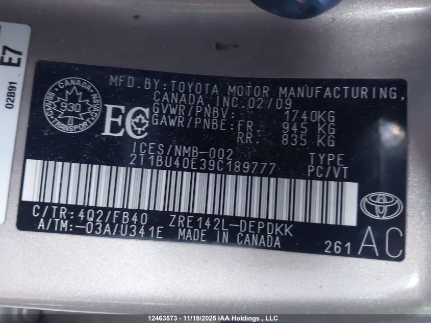 2009 Toyota Corolla Ce VIN: 2T1BU40E39C189777 Lot: 12463573