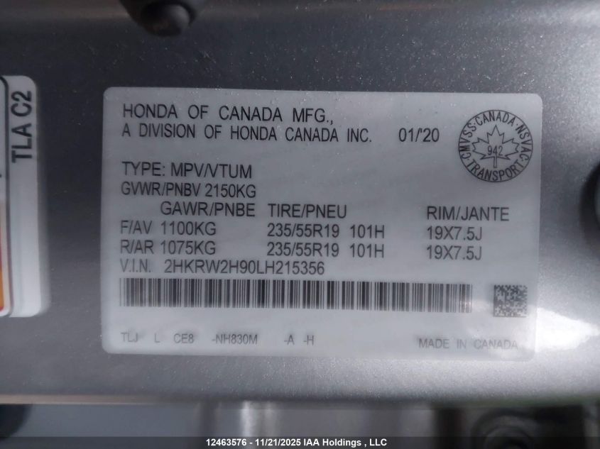 2020 Honda Cr-V Black Edition/Touring VIN: 2HKRW2H90LH215356 Lot: 12463576
