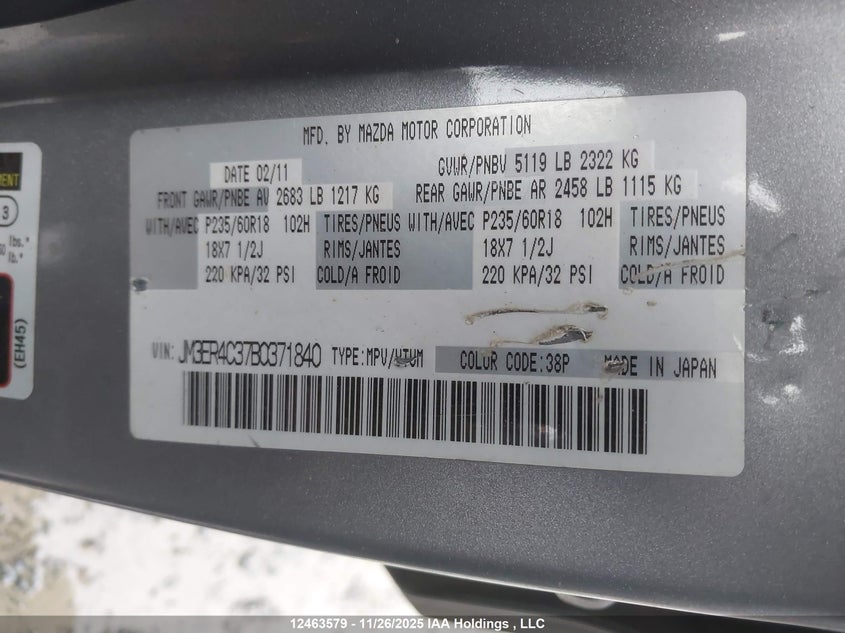 JM3ER4C37B0371840 2011 MAZDA CX-7 photo no. 9