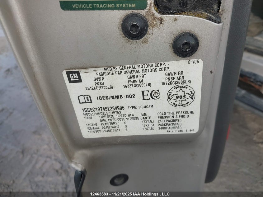 2005 Chevrolet Silverado 1500 VIN: 1GCEC19T45Z234905 Lot: 12463583