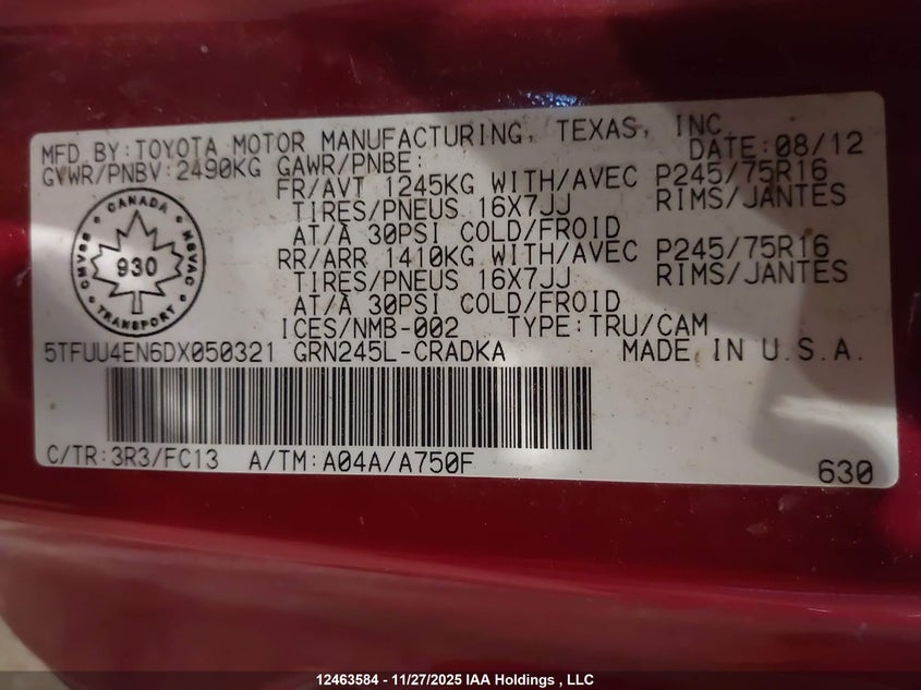 2013 Toyota Tacoma VIN: 5TFUU4EN6DX050321 Lot: 12463584