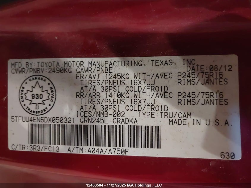 2013 Toyota Tacoma VIN: 5TFUU4EN6DX050321 Lot: 12463584