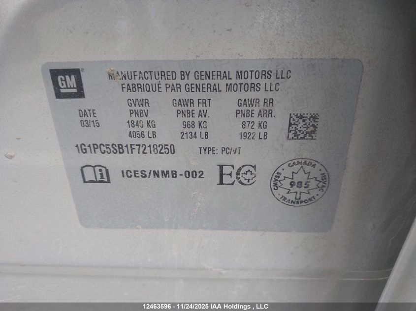 2015 Chevrolet Cruze VIN: 1G1PC5SB1F7218250 Lot: 12463596