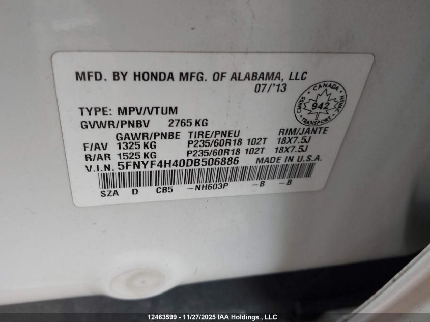 2013 Honda Pilot Ex VIN: 5FNYF4H40DB506886 Lot: 12463599