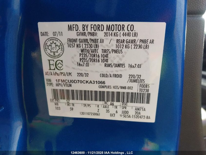 2012 Ford Escape Xlt VIN: 1FMCU0D70CKA31066 Lot: 12463600