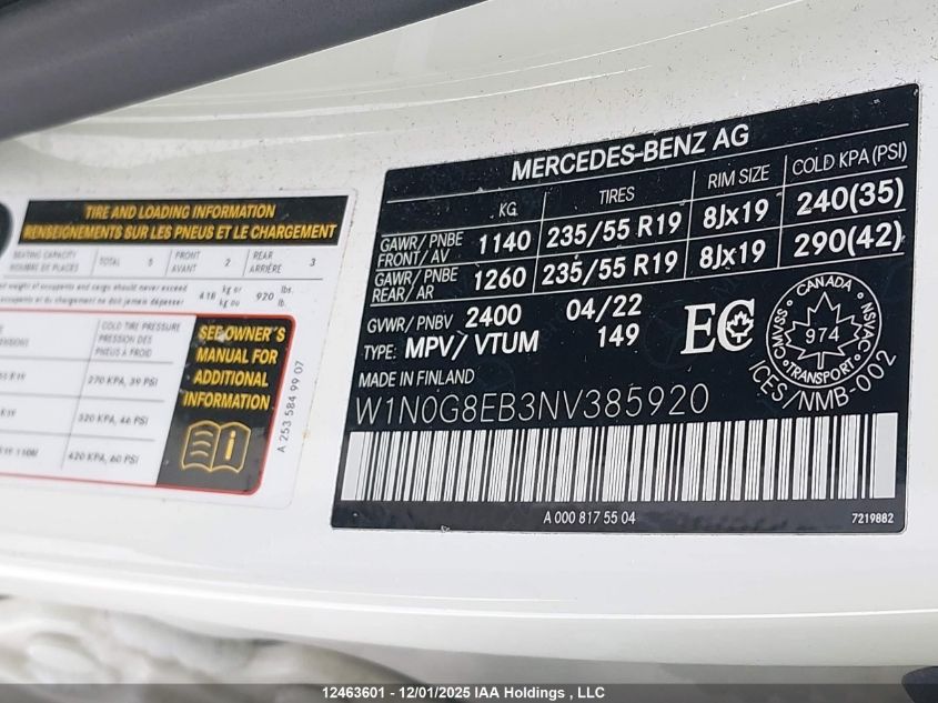 2022 Mercedes-Benz Glc 300 4Matic VIN: W1N0G8EB3NV385920 Lot: 12463601