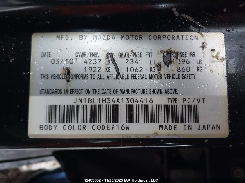 2010 Mazda Speed 3 VIN: JM1BL1H34A1304416 Lot: 12463602