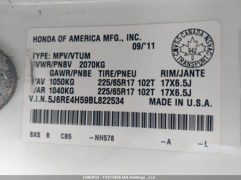 2011 Honda Cr-V Ex VIN: 5J6RE4H59BL822534 Lot: 12463612