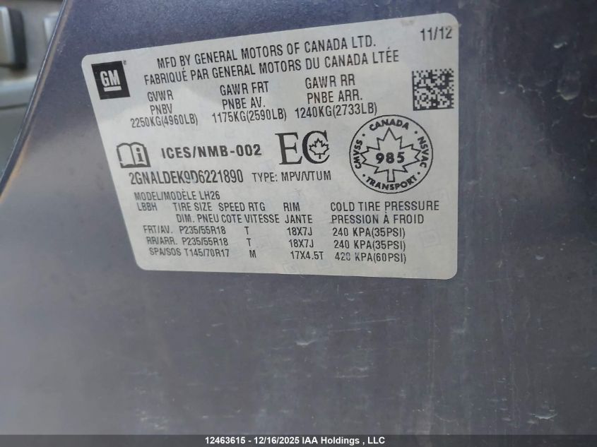 2013 Chevrolet Equinox Lt VIN: 2GNALDEK9D6221890 Lot: 12463615