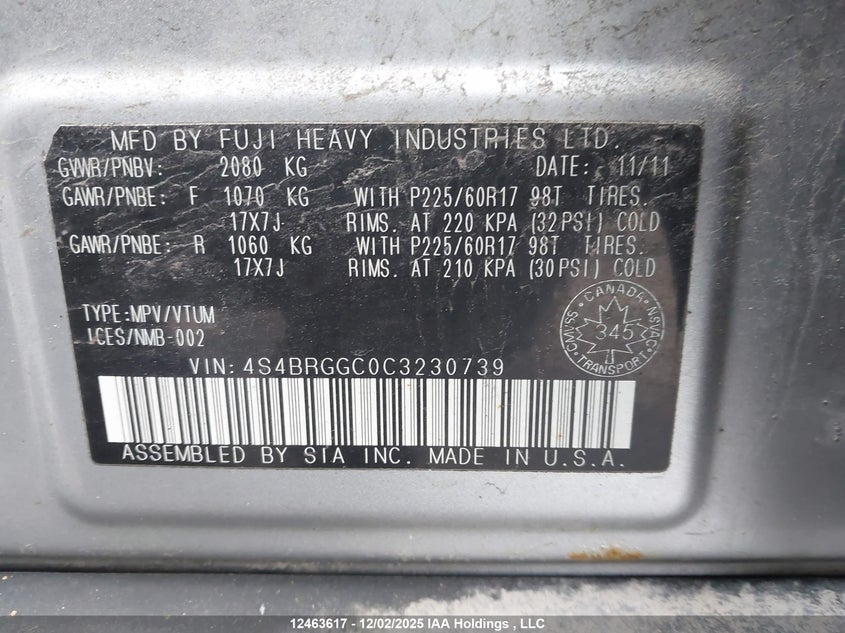 4S4BRGGC0C3230739 2012 SUBARU OUTBACK photo no. 9