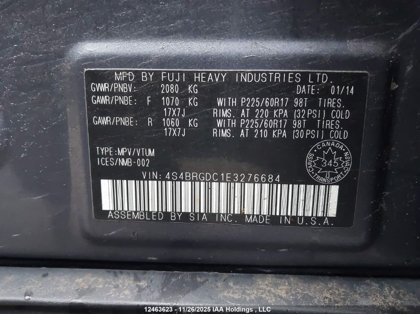 2014 Subaru Outback 2.5I Premium VIN: 4S4BRGDC1E3276684 Lot: 12463623