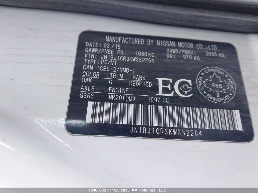 2019 Nissan Qashqai S/Sl/Sv VIN: JN1BJ1CR3KW332264 Lot: 12463632