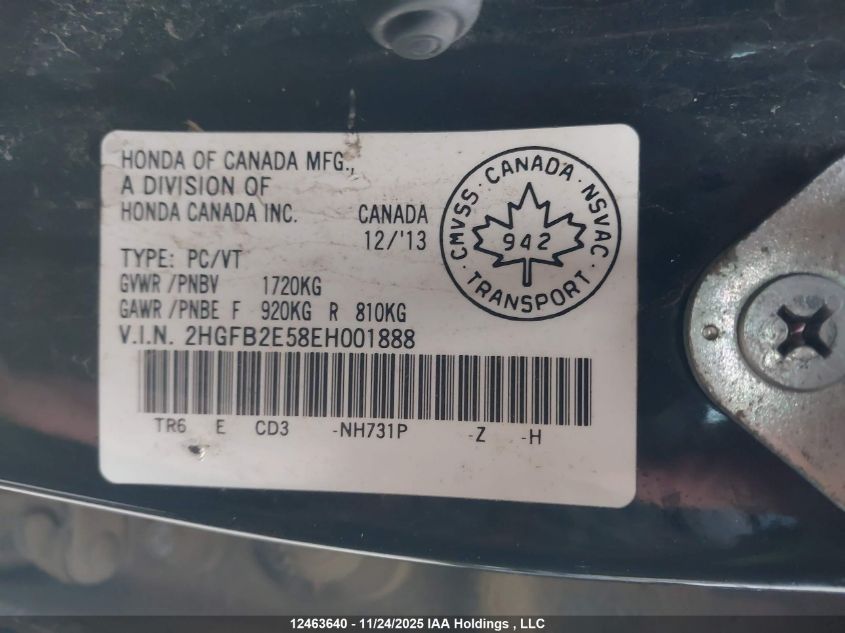 2014 Honda Civic Ex VIN: 2HGFB2E58EH001888 Lot: 12463640